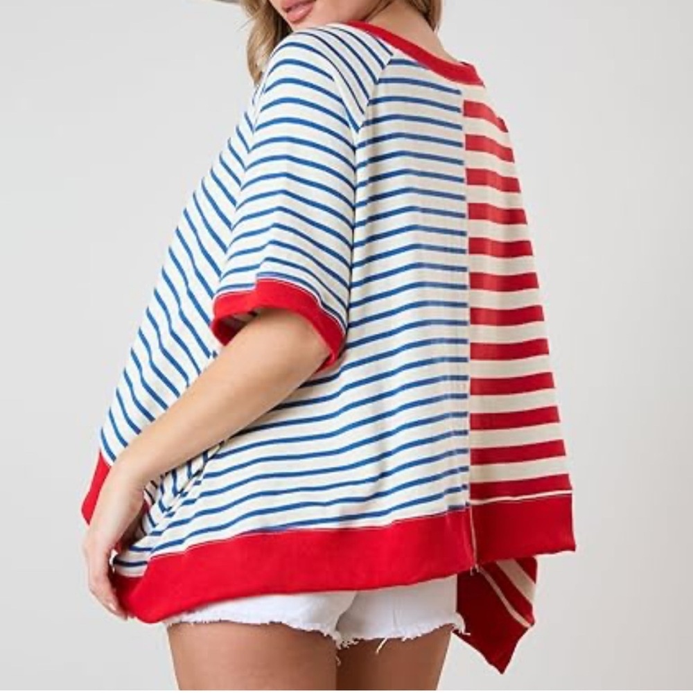 Peach Love California Red and Blue Striped Top